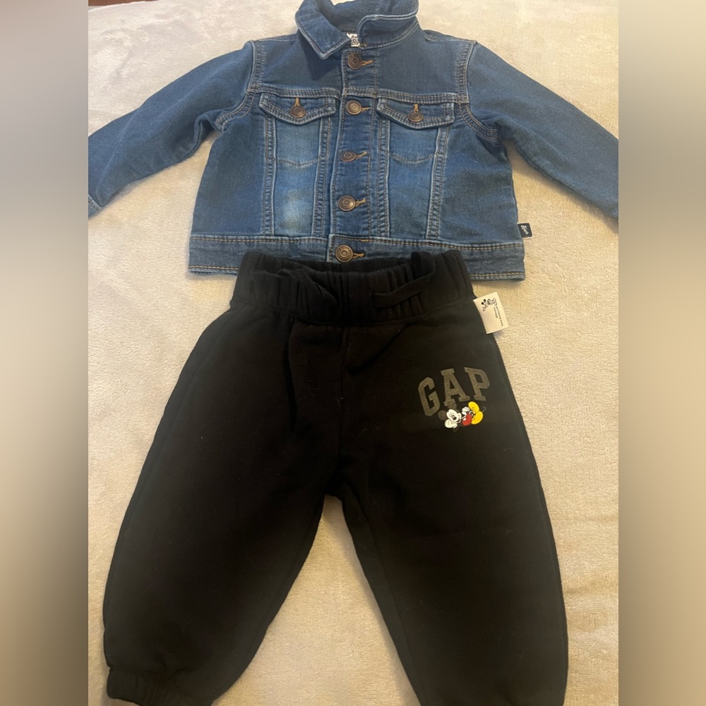 Baby Gap black Mickey joggers and Denim Jacket